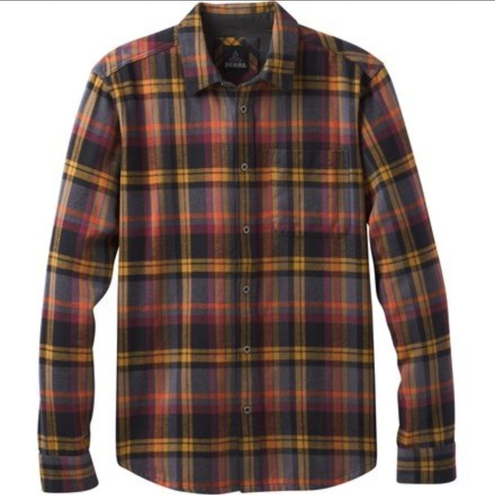 prAna Woodman Long Sleeve Plaid Flannel Button Down Shirt Warm Colors Men's XL